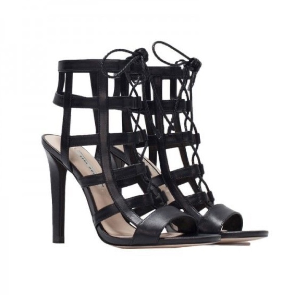 Zara Black Leather Caged Lace Up Tie Sandal Heels